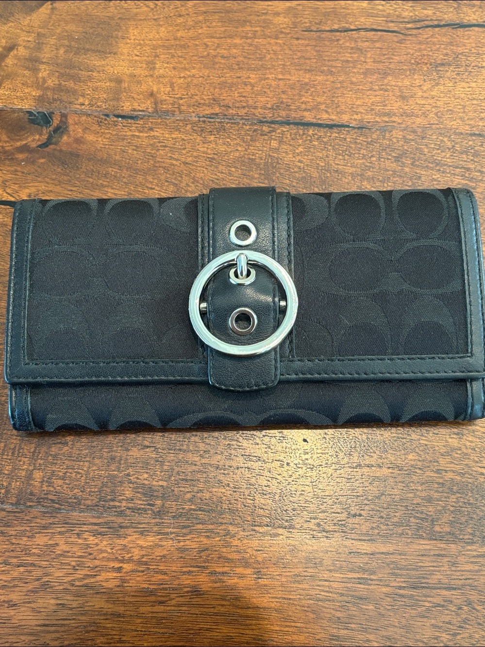 Coach Black Signature Canvas Wallet with Silver Ring Detail